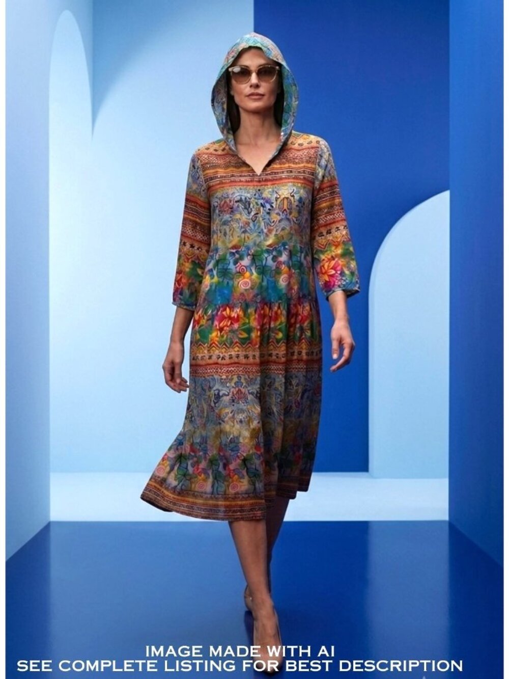 Silk Blend Patchwork Print Hooded Midi Dress M Festival Resort Cruise Whimsy